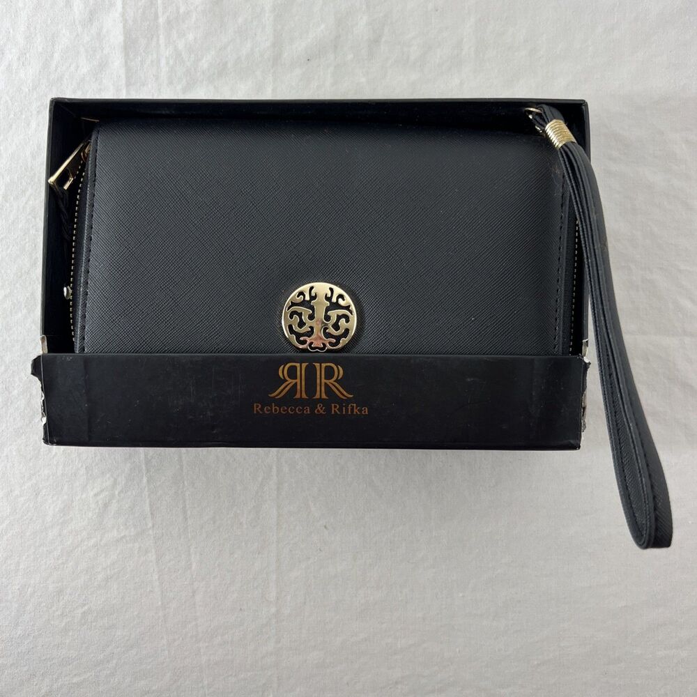 Rebecca & Rifka - Black Leatherette Zipper Wallet With Gold-Tone Accent - NIB - Picture 3 of 7